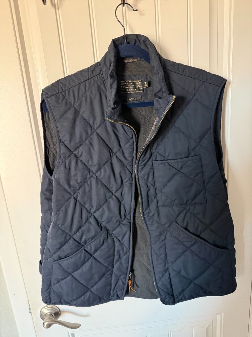 J. Crew Quilted Vest Mens XL Navy Blue Full Zip Stand Collar Pockets Heritage